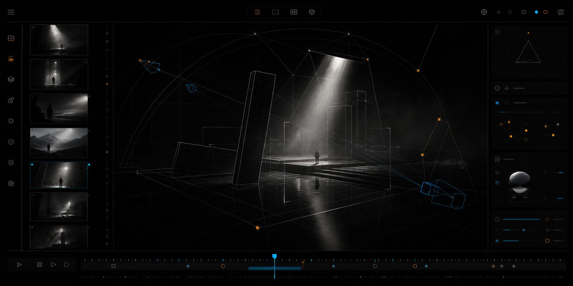 AIM PREVIZ interface showing a 3D pre-visualization scene with storyboard frames and timeline